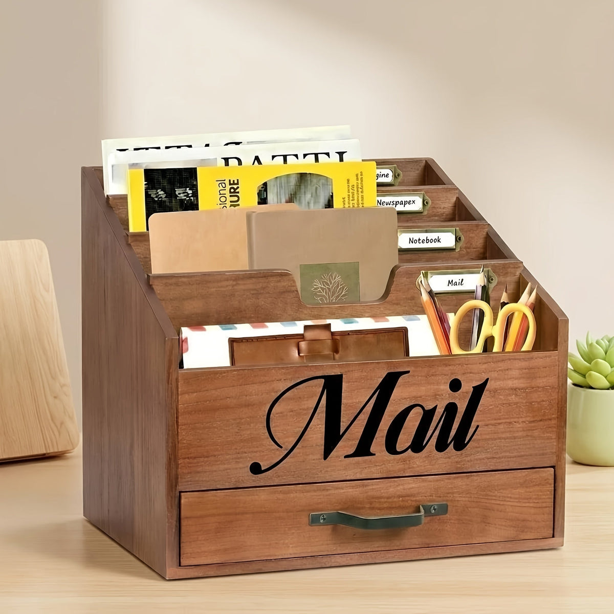 Grand organisateur de courrier de bureau en bois massif avec tiroir, 4 compartiments et séparateurs étiquetables pour dossiers, lettres et papier, organisateur de bureau pour bureau à domicile, étudiants et professionnels