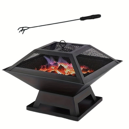 Brasero d'extérieur de 18,5 pouces, foyer robuste à bois avec grille de barbecue, cendrier, couvercle ignifuge et tisonnier – Chauffage de terrasse pour camping, pique-niques et réunions
