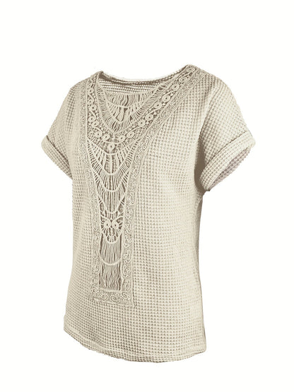 Blouse à manches chauve-souris et bordure en dentelle pour femme – Haut en maille élégant, respirant et semi-transparent, coupe droite décontractée, lavable en machine, chemisier chic et décontracté pour toutes les saisons