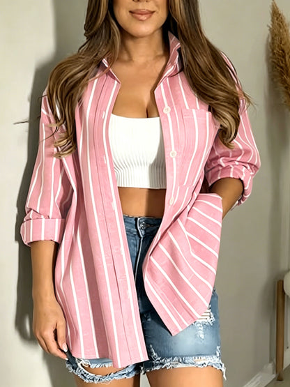 Chemise rayée oversize à manches longues pour femme - Blouse décontractée ample à col à revers avec poche, haut classique à rayures verticales bleu rose kaki S-XXL