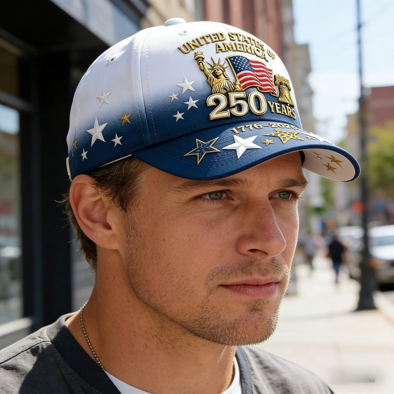 Casquette de baseball patriotique imprimée en 3D pour le 250e anniversaire des États-Unis – Motif Statue de la Liberté, cloche de la liberté et étoiles, chapeau de soleil unisexe réglable pour le 4 juillet, randonnée en plein air et cadeau commémoratif