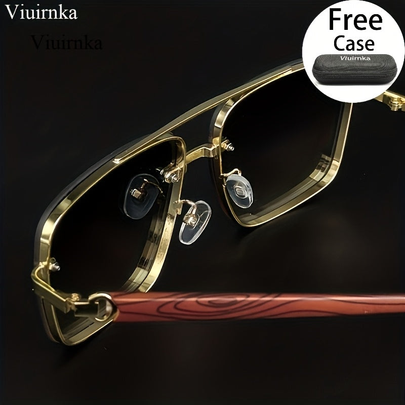 Lunettes de mode carrées avec branches effet bois pour hommes et femmes – Lunettes de soleil unisexe rétro à double pont avec verres dégradés pour la conduite, le voyage, la photographie de rue, cadeau avec étui