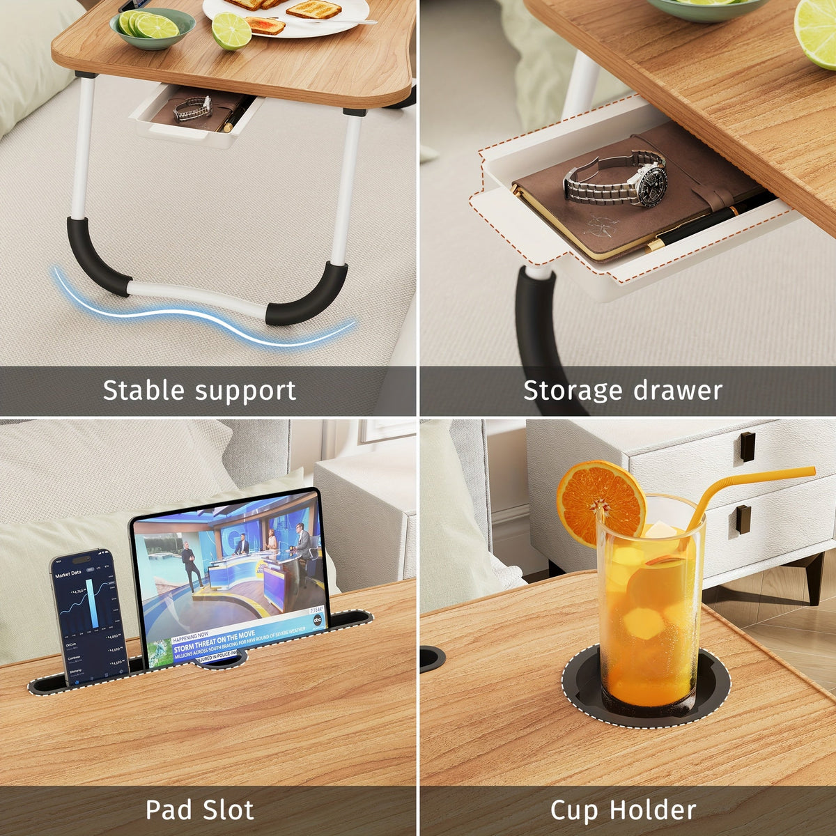 Plateau de lit pour ordinateur portable et repas – Grand plateau de petit-déjeuner avec porte-gobelet et tiroir pour canapé, sol, étude, lecture et écriture, table d'appoint portable