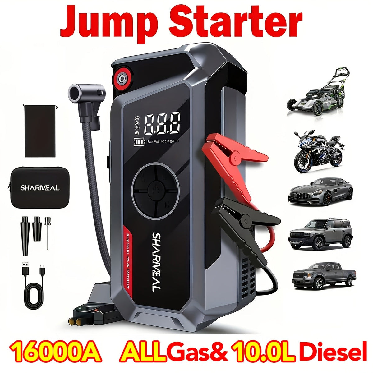 Démarreur de voiture 20000A avec compresseur d'air, batterie externe portable 18-en-1 – Pinces intelligentes, charge rapide, lampe LED, grand écran pour tous moteurs essence et diesel, booster de batterie de voiture d'urgence