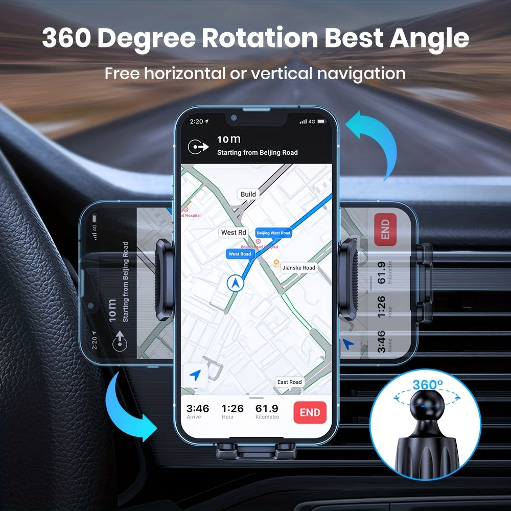 Car Phone Holder Air Vent Mount with Upgraded Metal Hook – Universal Fit for All Smartphones, 360° Rotation, Secure Grip Cell Phone Car Mount for iPhone, Samsung, Android & More, Easy One-Hand Installation
