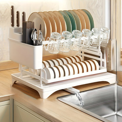 Égouttoir à vaisselle à 2 niveaux avec plateau d'égouttage pour comptoir de cuisine – Égouttoir en métal grande capacité avec plateau de récupération, organisateur pour assiettes, tasses et ustensiles, disponible en noir, blanc et gris