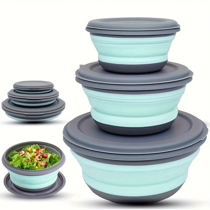 Ensemble de 3 bols de camping pliables en silicone avec couvercles, ustensiles pliants et sac de rangement, contenants alimentaires empilables et portables pour le camping, la randonnée, les voyages et le déjeuner, bleu/rose