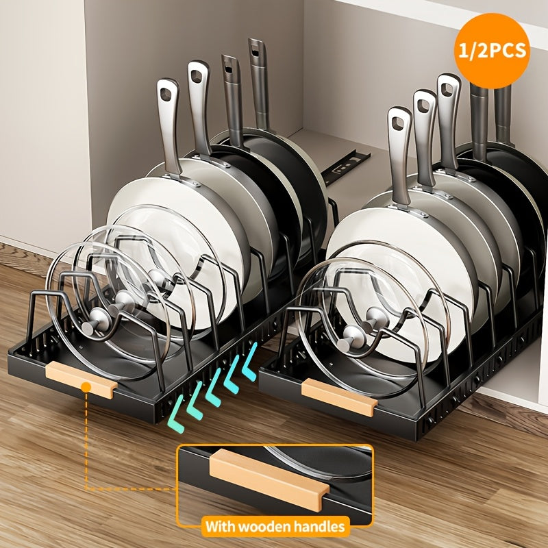 Organisateur de placard coulissant pour casseroles et poêles avec support à couvercles – 8/16 séparateurs réglables, installation sans perçage, rangement coulissant pour couvercles, ustensiles de pâtisserie et assiettes – 1 ou 2 pièces, noir et blanc