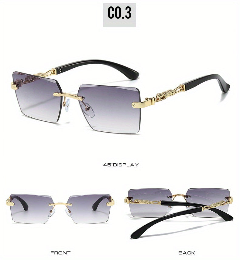Lunettes de soleil unisexe de luxe sans monture avec branches léopard – Lunettes de mode rectangulaires étroites UV400 noir et or pour hommes et femmes, incluent étui de protection et chiffon de nettoyage pour la conduite, les voyages et les fêtes