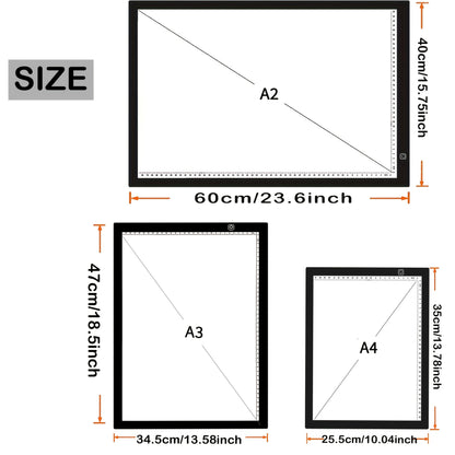 Tablette lumineuse LED A2 A3 A4 à luminosité réglable, double bande LED, table lumineuse pour diamond painting, croquis, dessin et art