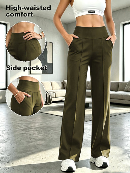 High Waist Tummy Control Wide Leg Pants Women with Pockets - Flowy Straight Leg Trousers, Soft Yoga Athletic Pants for Commute Casual Wear S M L XL