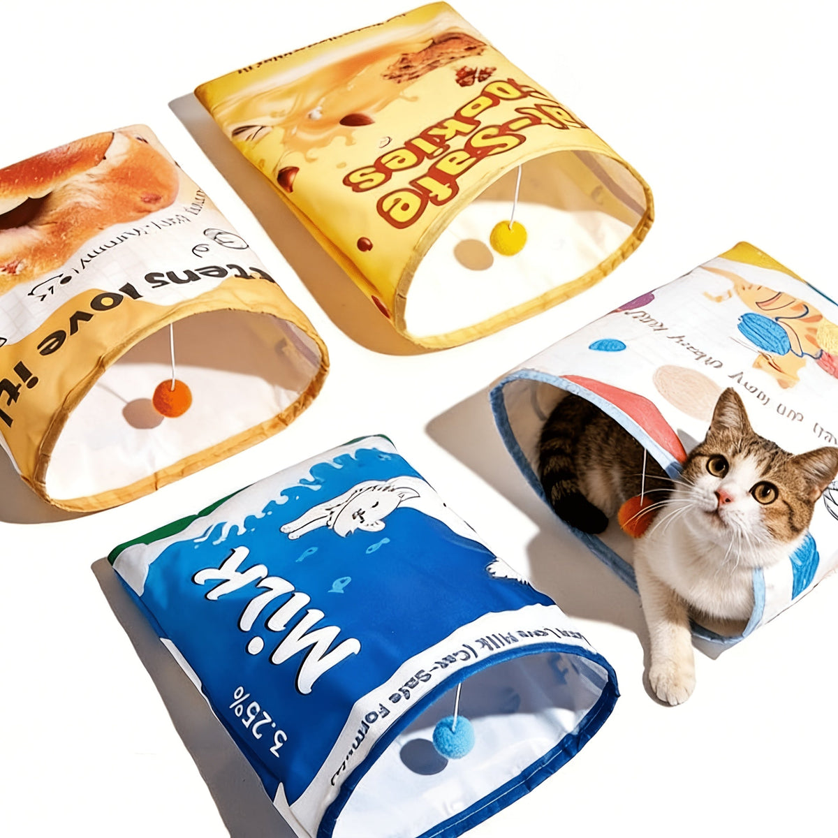 Tunnel de jeu bruyant pour chat avec papier froissé – Jouet sensoriel sonore d'auto-divertissement pour chats d'intérieur, puzzle interactif anti-ennui, 4 styles amusants incluant un sac à friandises et un design à pompon en fourrure