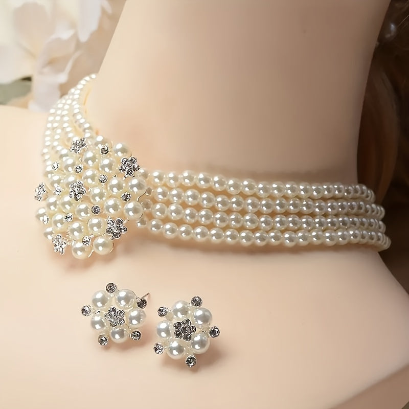 Parure de luxe collier et boucles d'oreilles pour femme – Bijoux plaqués argent perlés pour mariage, soirée et spectacle, accessoires de robe élégants