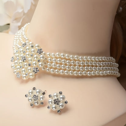 Parure de luxe collier et boucles d'oreilles pour femme – Bijoux plaqués argent perlés pour mariage, soirée et spectacle, accessoires de robe élégants