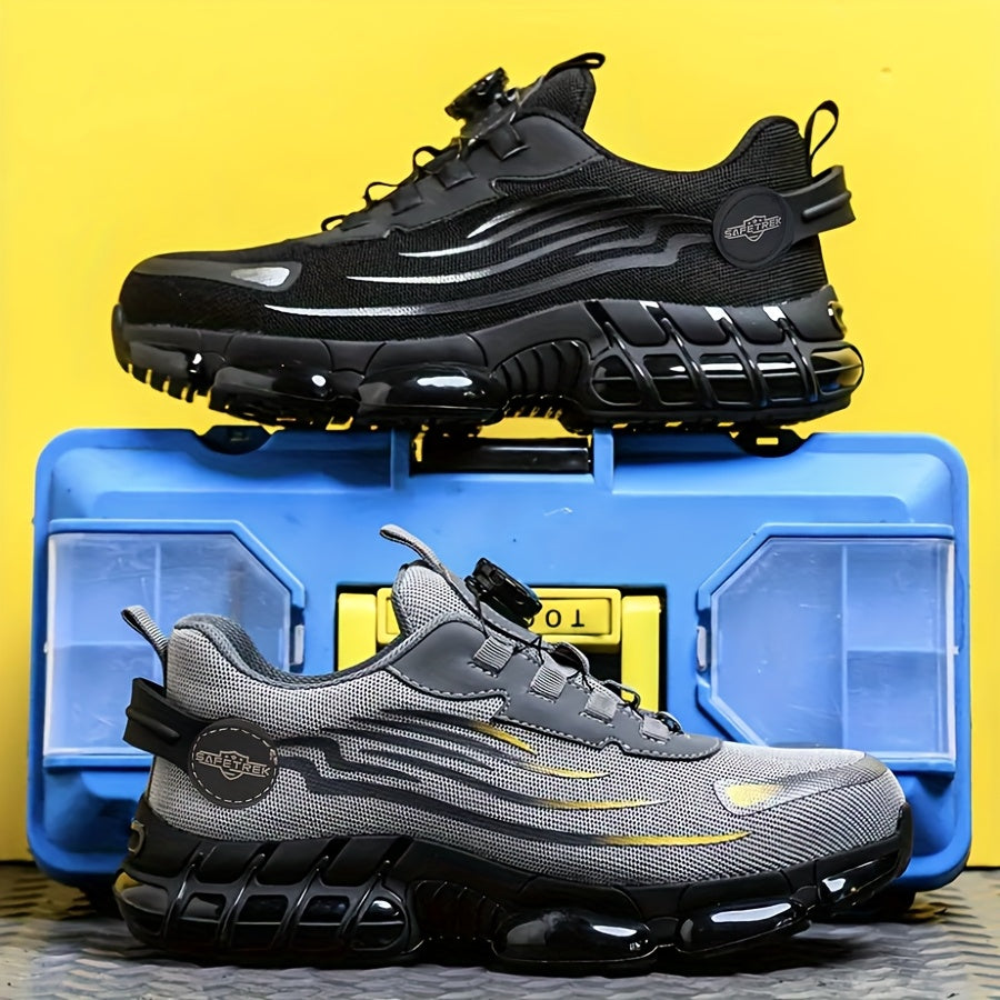 Chaussures de sécurité à embout d'acier pour hommes et femmes – Baskets de protection légères et respirantes avec semelle antidérapante, bout rond, coupe basse – Idéales pour la construction, l'entrepôt, l'extérieur et le camping (Noir/Gris, US 5–12,5)