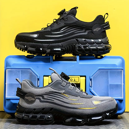 Chaussures de sécurité à embout d'acier pour hommes et femmes – Baskets de protection légères et respirantes avec semelle antidérapante, bout rond, coupe basse – Idéales pour la construction, l'entrepôt, l'extérieur et le camping (Noir/Gris, US 5–12,5)