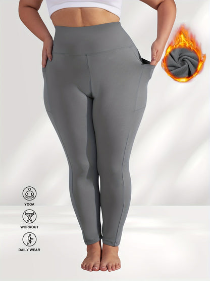 Pantalon de yoga grande taille pour femme avec poches – Legging chaud doublé en polaire taille haute pour l'automne et l'hiver, pantalon de sport moulant élastique, tailles 1XL-5XL en noir, gris, bordeaux et bleu marine