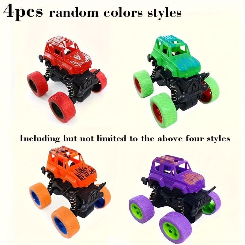 Lot de 4 camions monstres à friction pour tout-petits et enfants de 3 ans et plus - Voitures à inertie « Push & Go » avec rotation à 360°, conduite bidirectionnelle, ensemble de mini véhicules durables, cadeau d'anniversaire, couleur aléatoire