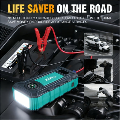 Démarreur de voiture portable 5000A/6000A – Booster de batterie 12V pour véhicules essence et diesel, batterie externe à charge rapide 65W, lampe de poche LED et écran LCD, bloc de démarrage d'urgence compact