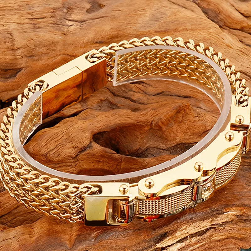 Bracelet de motard hip-hop pour homme en acier inoxydable, style punk rock, avec fermoir magnétique et pierres synthétiques, bijou pour soirée en boîte de nuit ou mariage
