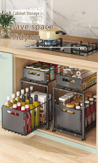 Under Sink Organizer 2-Tier Pull-Out Cabinet Shelf with Adjustable Height, Sturdy Carbon Steel Kitchen Storage Rack, Space-Saving Bathroom & Pantry Cabinet Organizer for Kitchen Organization