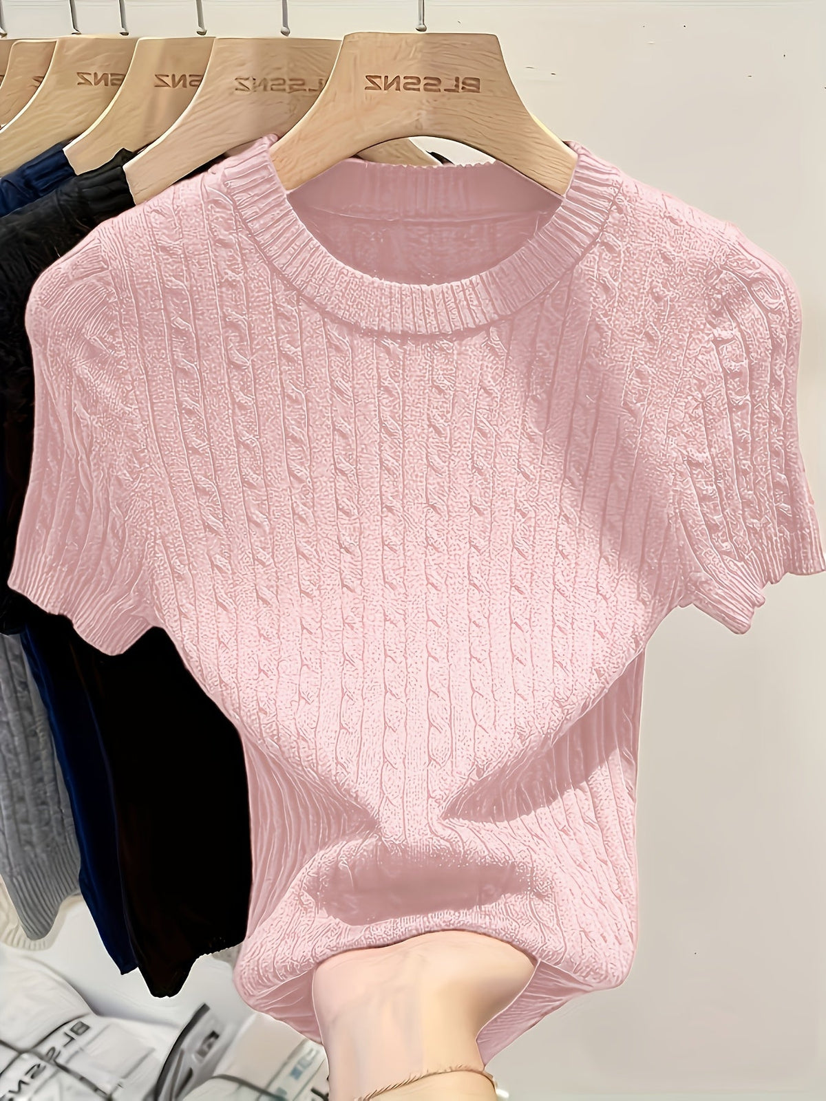 Pull femme en jacquard à manches courtes, chic, tricot torsadé, col rond, ourlet et poignets côtelés, léger, viscose, printemps-été, décontracté, S M L XL XXL