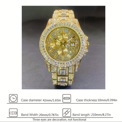 Montre à quartz de luxe avec strass pour hommes et femmes – Montre hip-hop étanche avec date automatique en or et argent, cadran en zircon cubique scintillant, parfaite pour les fêtes et le quotidien
