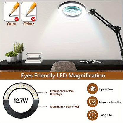 15X Magnification LED Magnifying Glass Lamp with Adjustable Arm & Clamp Base – Dimmable 3-Color Light, USB-Powered Desk Magnifier for Reading, Crafts, Manicure, Sewing & Precision Work (Black/White)