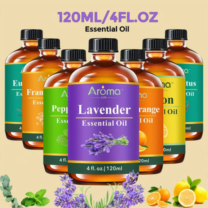 Huiles essentielles 100 % naturelles 118 ml – Lavande, eucalyptus, encens, menthe poivrée, citron, orange douce pour diffuseur, aromathérapie, savon, bougie, huile corporelle