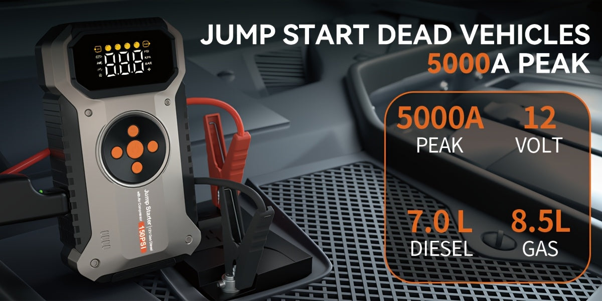Démarreur de voiture 4000A avec compresseur d'air et gonfleur de pneus – Booster de batterie portable tout-en-un pour moteurs essence et diesel, lampe LED, batterie externe USB, affichage numérique, démarreur d'urgence compact