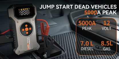 Démarreur de voiture 4000A avec compresseur d'air et gonfleur de pneus – Booster de batterie portable tout-en-un pour moteurs essence et diesel, lampe LED, batterie externe USB, affichage numérique, démarreur d'urgence compact
