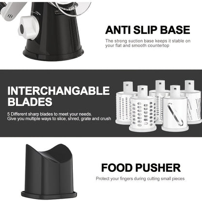 Râpe à fromage rotative manuelle avec 3 lames interchangeables - Base à ventouse antidérapante, brosse de nettoyage incluse, pour fromage frais, légumes et noix, cadeau d'ustensile de cuisine