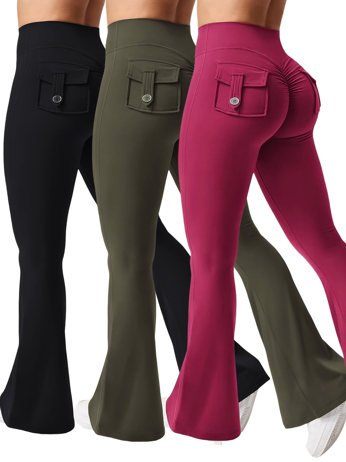 Ensemble 3 pièces pour femme : pantalon de yoga évasé à taille haute avec ceinture et poches, legging galbant effet push-up, squat-proof, 90 % polyester extensible, coupe évasée pour le sport, la gym, la course et le quotidien