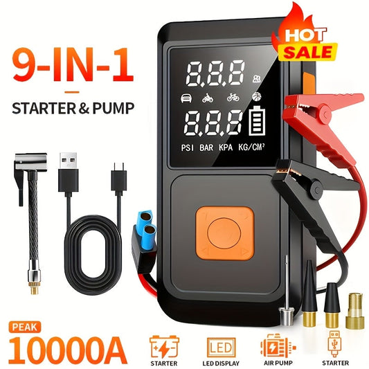Démarreur de batterie portable 6000 mAh avec compresseur d'air 150 PSI, affichage numérique, charge USB-C, éclairage LED et double protection de sécurité pour voitures, camions et SUV - Kit d'urgence pour voyages et camping en plein air