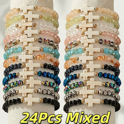 Lot de 24 bracelets élastiques bohèmes à breloques croix – Bracelets extensibles colorés avec breloques croix en résine et verre, lot en gros pour le quotidien, les vacances, les fêtes et les cadeaux de fin d'année