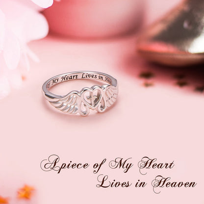 Bague commémorative aile d'ange en argent sterling S925 – Une partie de mon cœur vit au ciel, plaquée rhodium, cadeau de sympathie pour la perte d'une maman, d'un papa, d'un grand-parent, d'une fille ou d'un fils, tailles 5-10
