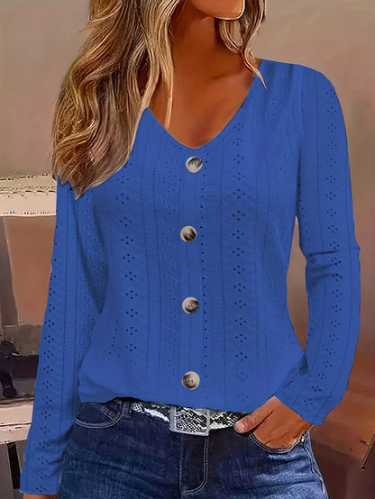 Women's Eyelet Solid V-Neck Button-Front Long Sleeve Blouse | Semi-Sheer Stretch Knit Casual Layering Top for Spring Summer Fall