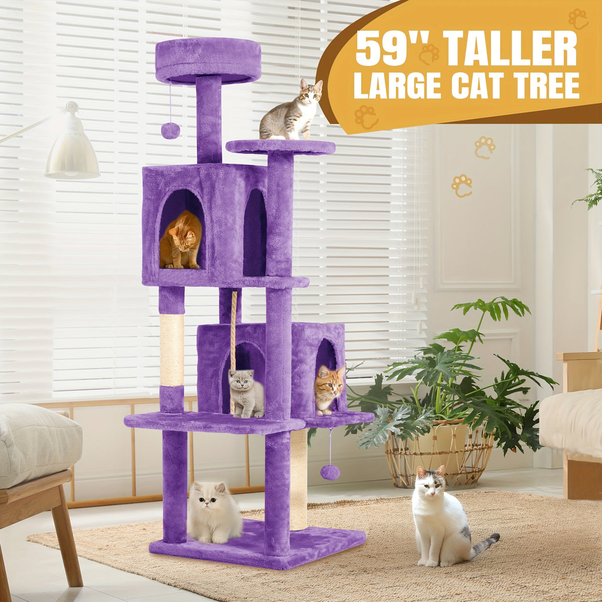 Arbre à chat multi-niveaux de 150 cm pour chats d'intérieur – Grand arbre à chat avec zone de repos en peluche, poteau à griffer en sisal et jouet à balle suspendue – Idéal pour chambre, salon et foyers multi-chats – Velora
