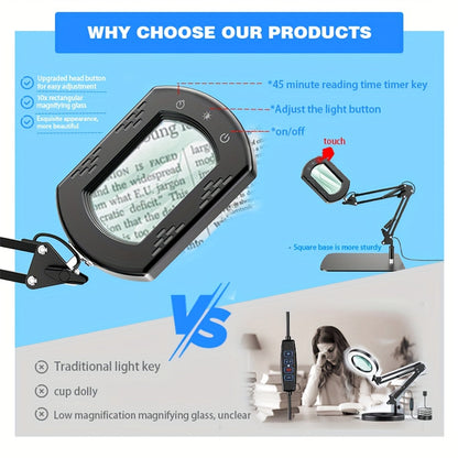 15X Magnification LED Magnifying Glass Lamp with Adjustable Arm & Clamp Base – Dimmable 3-Color Light, USB-Powered Desk Magnifier for Reading, Crafts, Manicure, Sewing & Precision Work (Black/White)