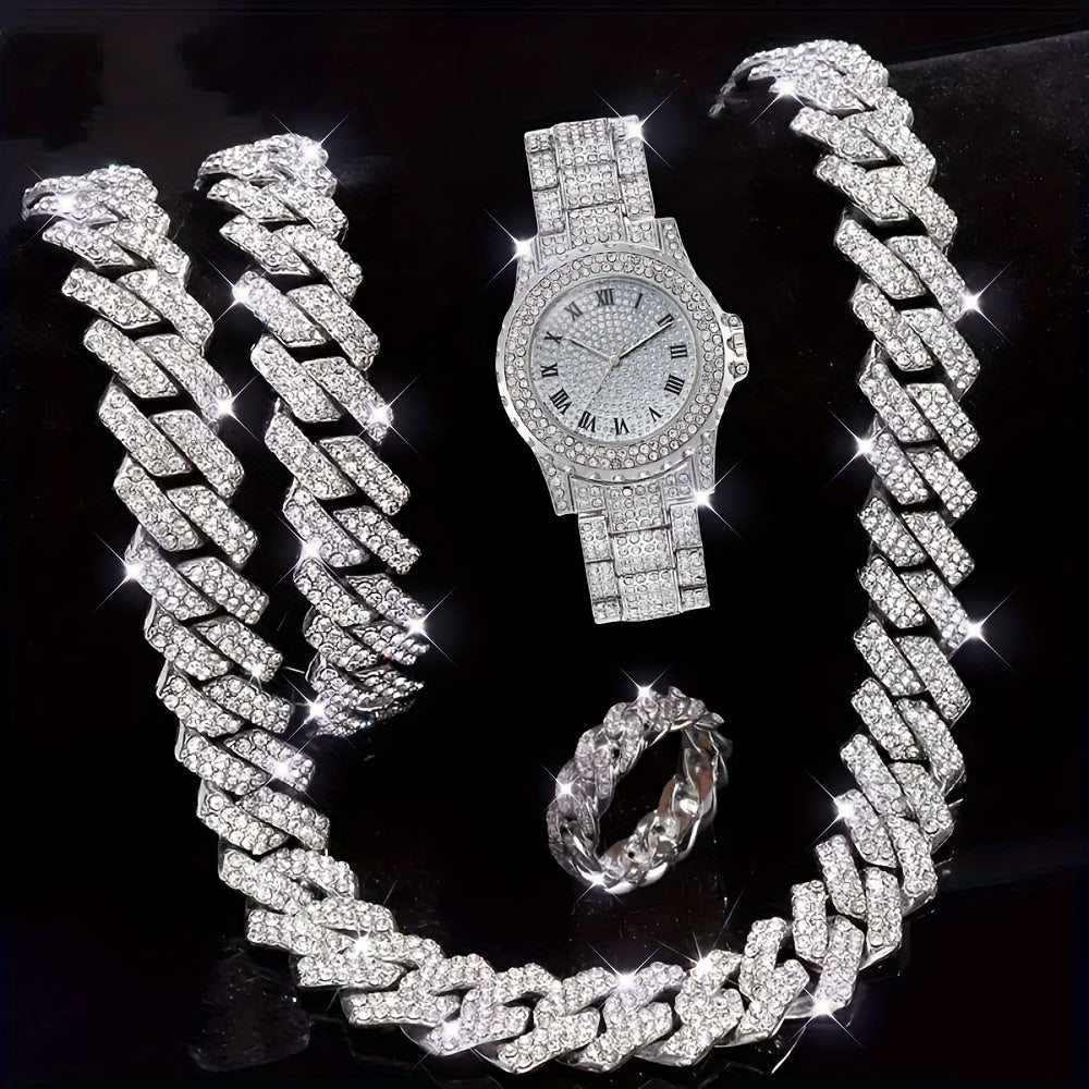 Coffret cadeau pour homme 4 pièces : bracelet, bague avec diamant de synthèse et montre à quartz – Parure de bijoux de luxe or et argent pour homme, cadeau idéal pour les fêtes et les anniversaires