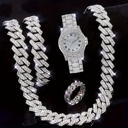 Coffret cadeau pour homme 4 pièces : bracelet, bague avec diamant de synthèse et montre à quartz – Parure de bijoux de luxe or et argent pour homme, cadeau idéal pour les fêtes et les anniversaires