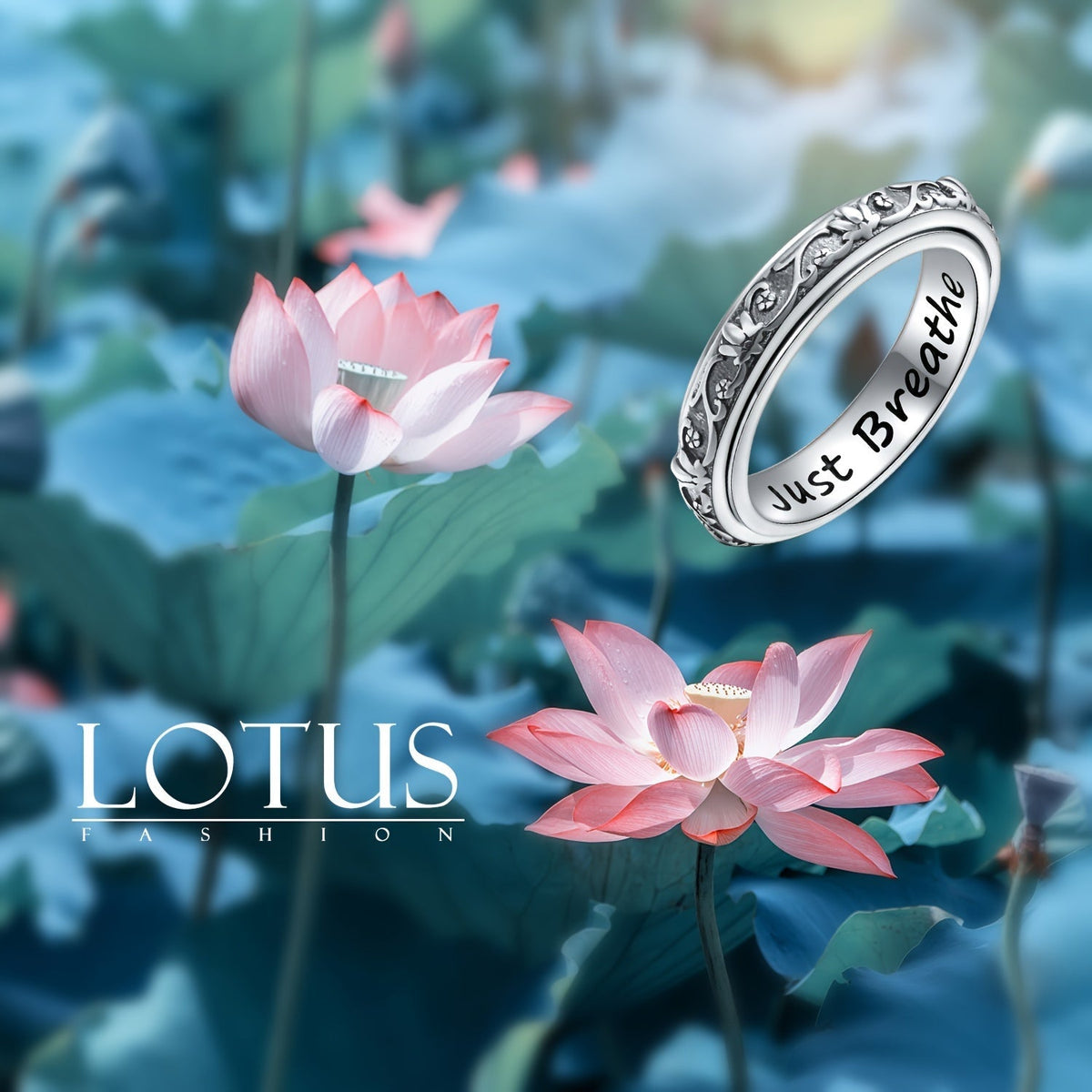 Bague anti-anxiété en argent sterling 925 avec motif fleur de lotus – Anneau rotatif oxydé « Just Breathe » pour soulager le stress, le TDAH, l'autisme et le yoga, bague unisexe pour l'inquiétude, tailles 57-67, cadeau pour femmes et hommes