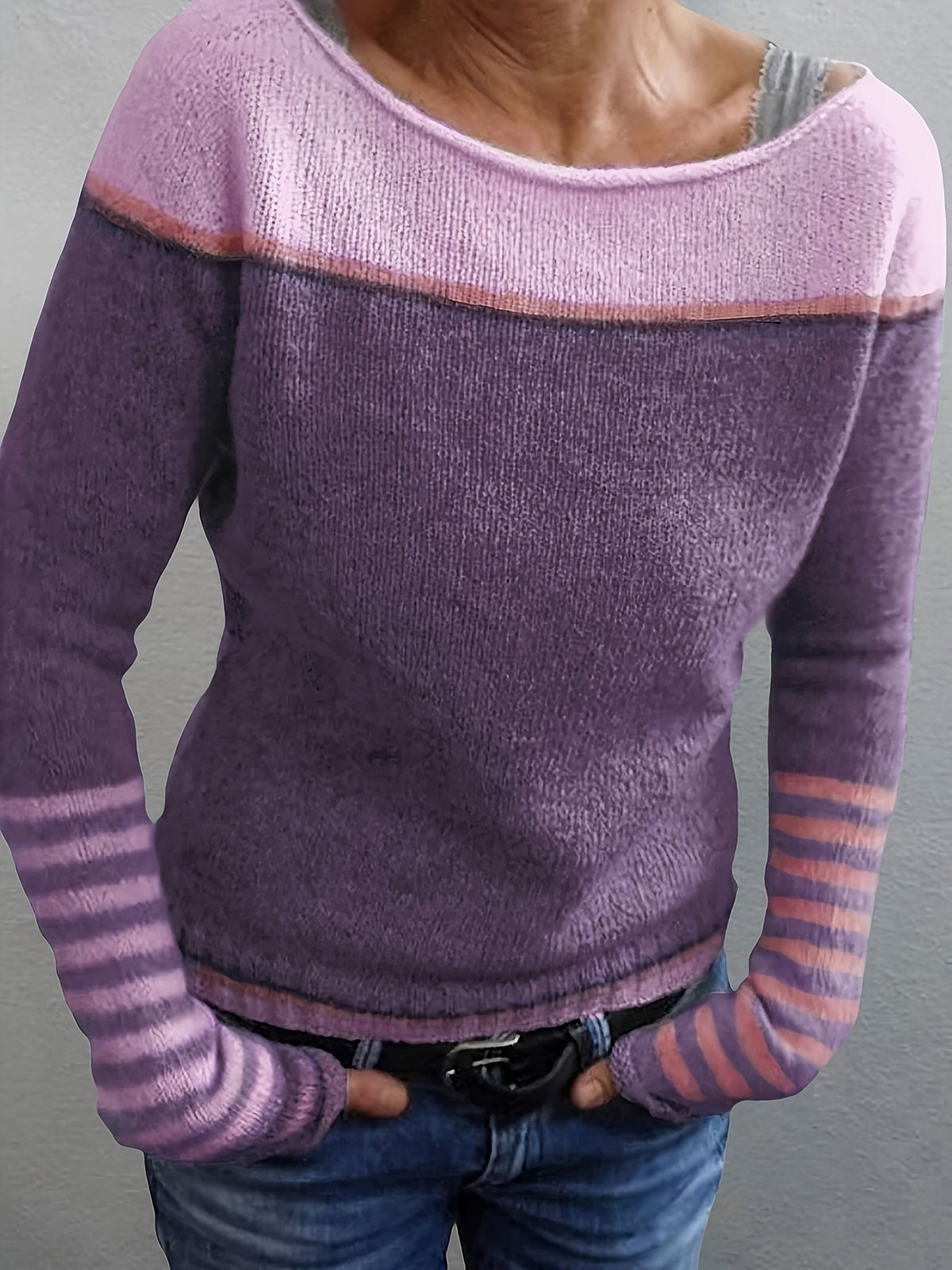 Pull en maille asymétrique pour femme à rayures et blocs de couleurs, manches longues, encolure large épaules dénudées, haut décontracté chic pour printemps et automne, gris bleu vert violet S-XL