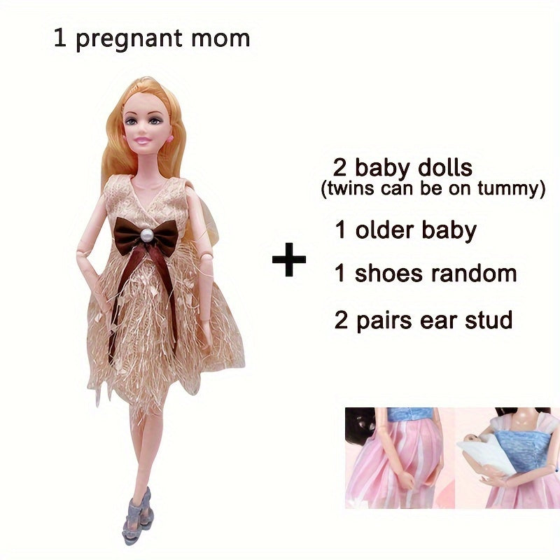 Poupée mannequin enceinte de 30 cm avec articulations mobiles, maman poupée avec 2 bébés, poupée aînée, boucles d'oreilles, chaussures, robe moderne, poupée princesse, jouet éducatif pour filles de 3 ans et plus