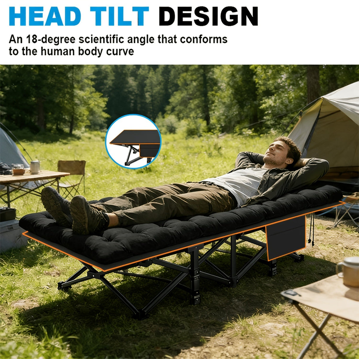 Lit pliant ultra-résistant supportant jusqu’à 285 kg avec matelas en option – Lit de camp portable avec pieds de support multiples, poches latérales et oreiller, lit d'appoint toutes saisons de 150 à 195 cm, peu encombrant