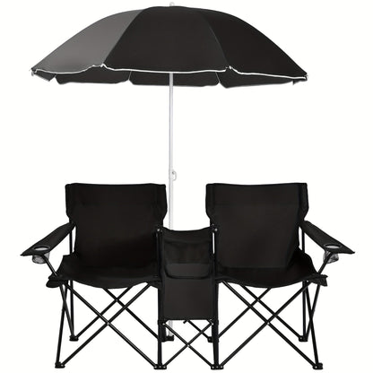 Ensemble de 2 chaises de plage pliantes avec parasol, table et sac isotherme – Chaise de pique-nique compacte et pliable pour la plage, le camping et les sorties en plein air, capacité de 122 kg par siège