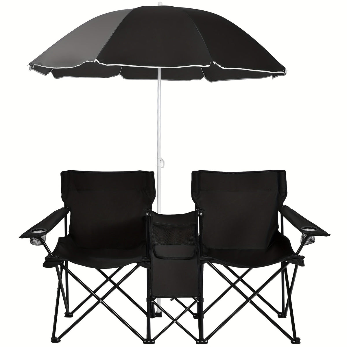 Ensemble de 2 chaises de plage pliantes avec parasol, table et sac isotherme – Chaise de pique-nique compacte et pliable pour la plage, le camping et les sorties en plein air, capacité de 122 kg par siège