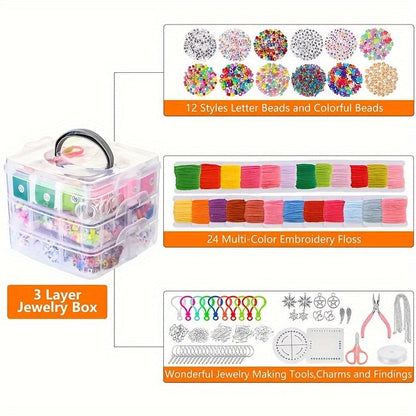 Kit de fabrication de bijoux DIY, 4655 perles pour bracelets, colliers et boucles d'oreilles avec boîte de rangement à 3 niveaux, breloques lettres et outils, cadeau pour filles et femmes