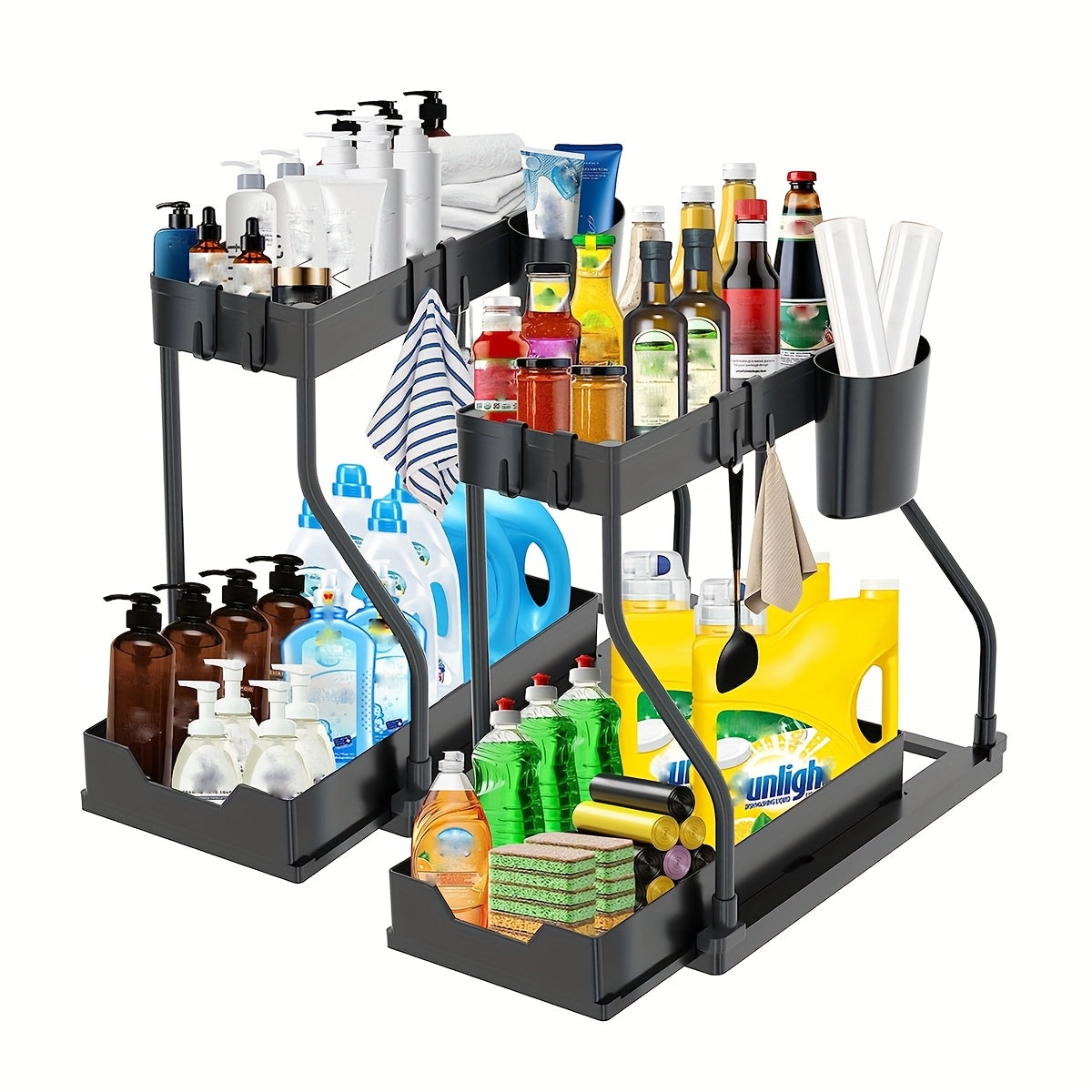 Lot de 2 organisateurs sous évier avec tiroirs coulissants – Rangement de placard durable pour salle de bain et cuisine, rangement vertical gain de place, disponible en noir et blanc