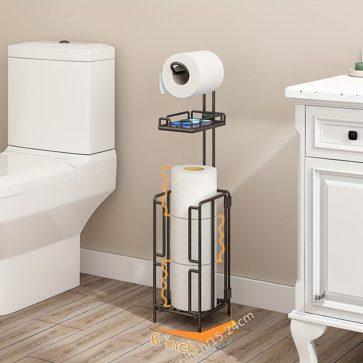 Porte-papier toilette sur pied – Support en métal avec rangement pour 3 rouleaux de réserve, distributeur moderne pour salle de bain, sans perçage, cadeau de pendaison de crémaillère et de Noël